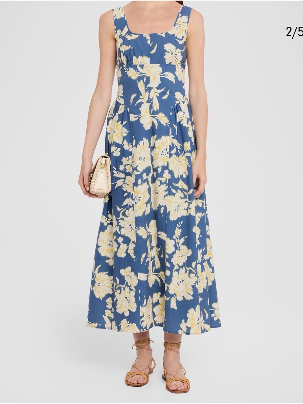 Tanya Taylor Blue Floral Midi Dress with Yellow Blooms